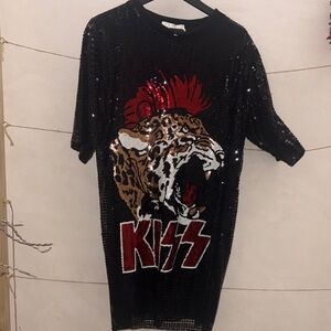Kiss Black Sequin Tee Dress with Red & Gold Leopard Graphic by Kate Hewko